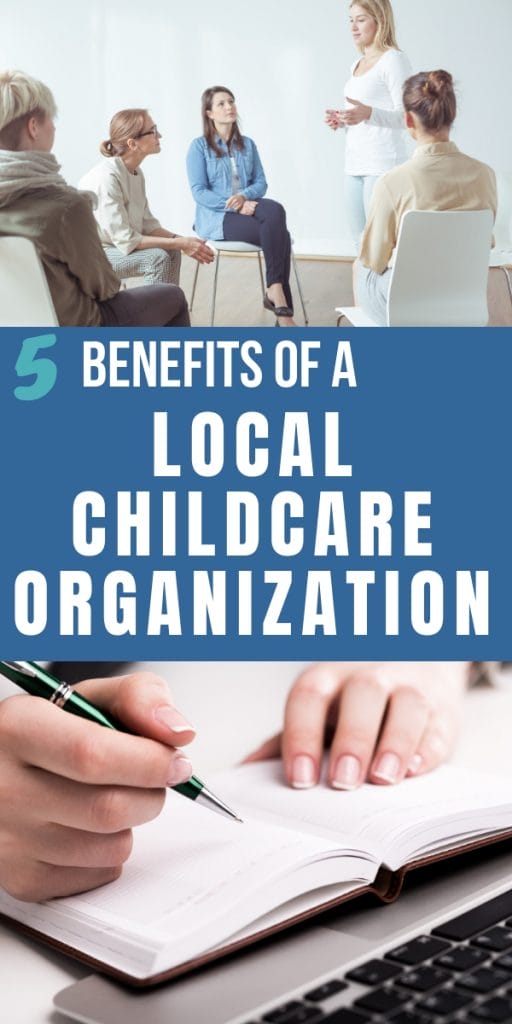 childcare providers sitting together talking and a hand writing on paperwork with a pen