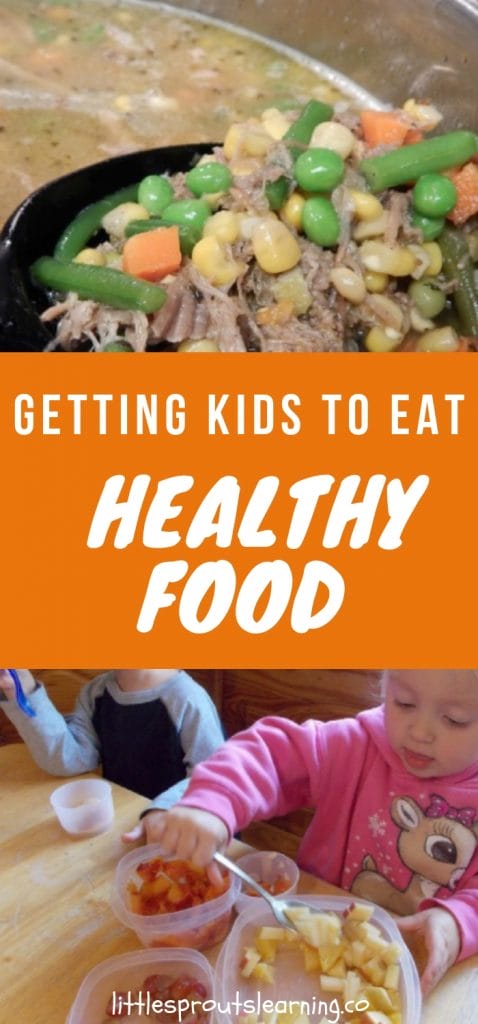 healthy beef and vegetable soup and kids eating fruit