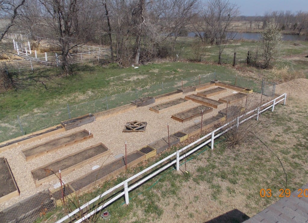 overview of a preschool garden full of cheap raised beds