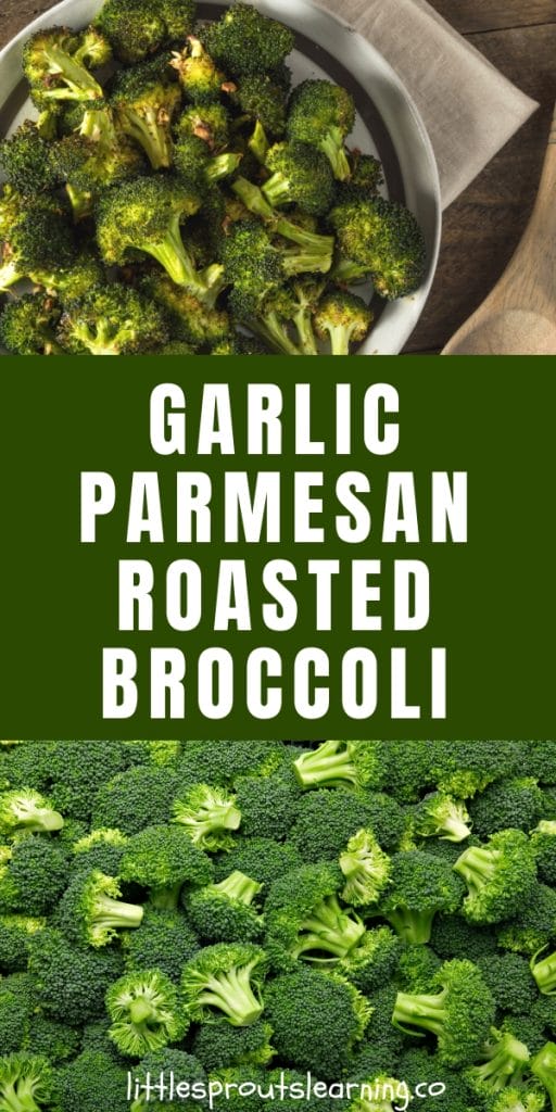 roasted broccoli on a plate and a pile of raw broccoli florets
