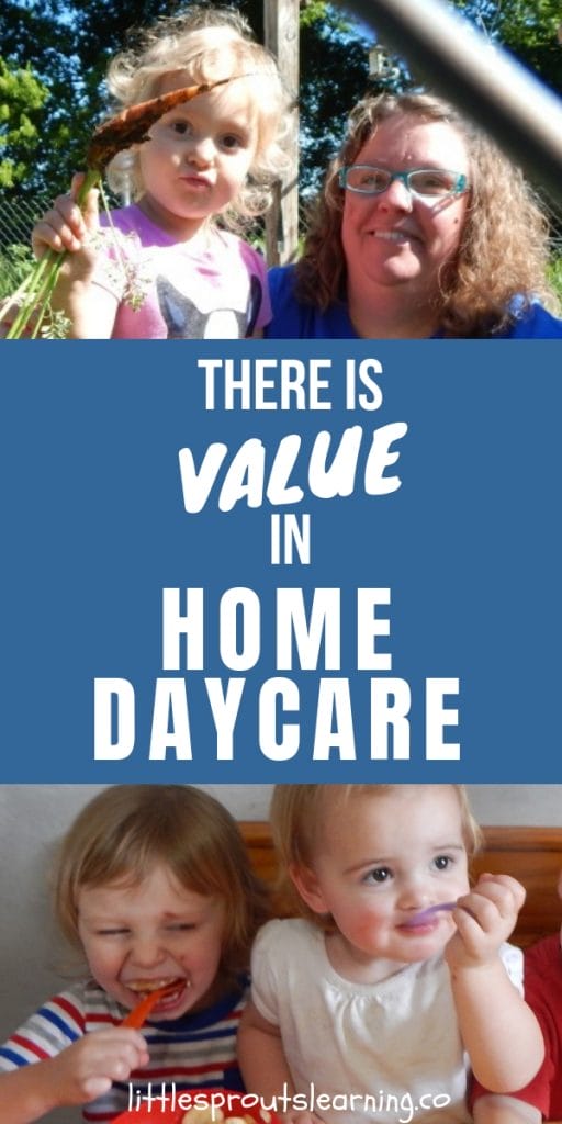 home daycare provider with child in the garden and children sitting at a table
