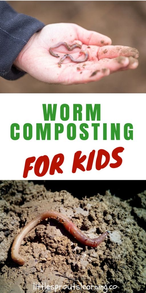 child holding composting worms in their hand. And a worm on the soil