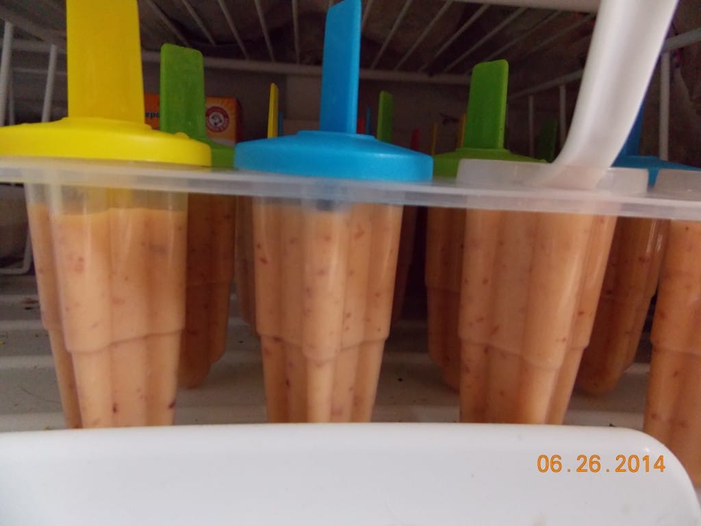 Peach yogurt pops in the freezer freezing. Tops are on the plastic popsicle molds, one is missing so there is a plastic fork in that pop.