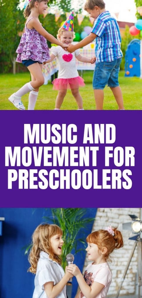 Kids dancing together in a circle and a child singing into a microphone
