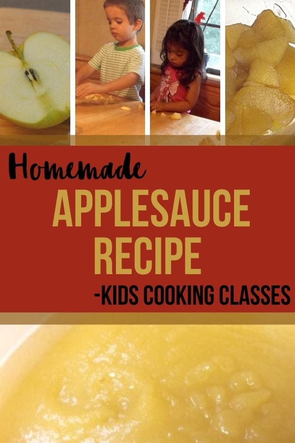 kids making homemade applesauce by cutting apples on cutting boards at the table and a bowl of homemade applesauce