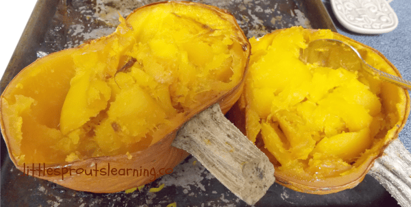 roasted pumpkin halves ready to turn into pumpkin puree