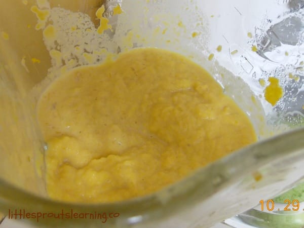 pumpkin puree in the blender ready for the kid-friendly pumpkin pie recipe