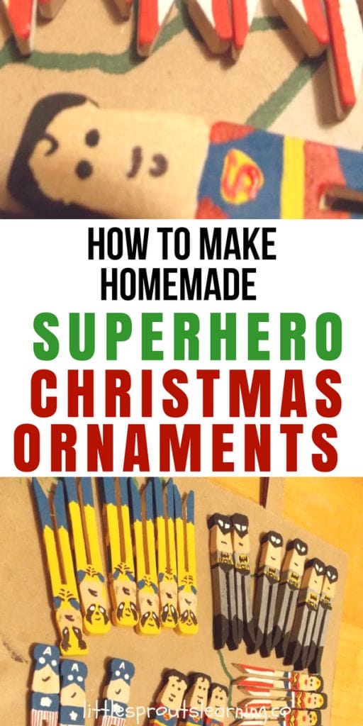Homemade Superhero Christmas Ornaments made with clothes pins. Wolverine, batman, captain america, superman, and wonder woman.
