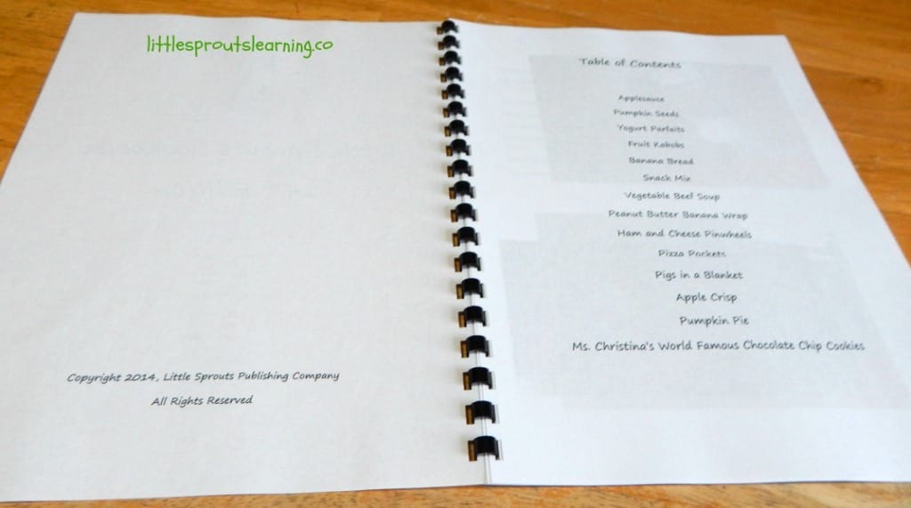 Table on contents of children's cookbook on the table