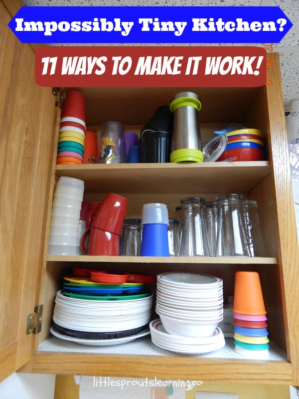 tiny kitchen cabinet with dishes organized