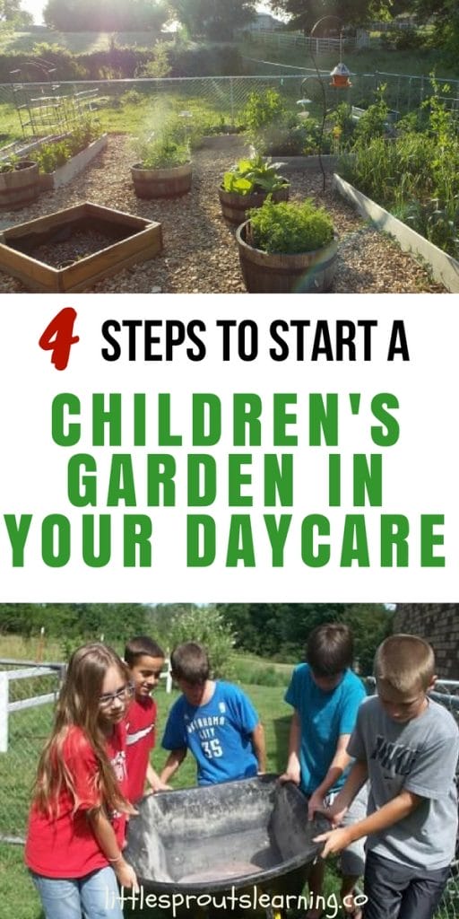 Children's vegetable garden in the sunrise and kids cooperating to move a big wheelbarrow.