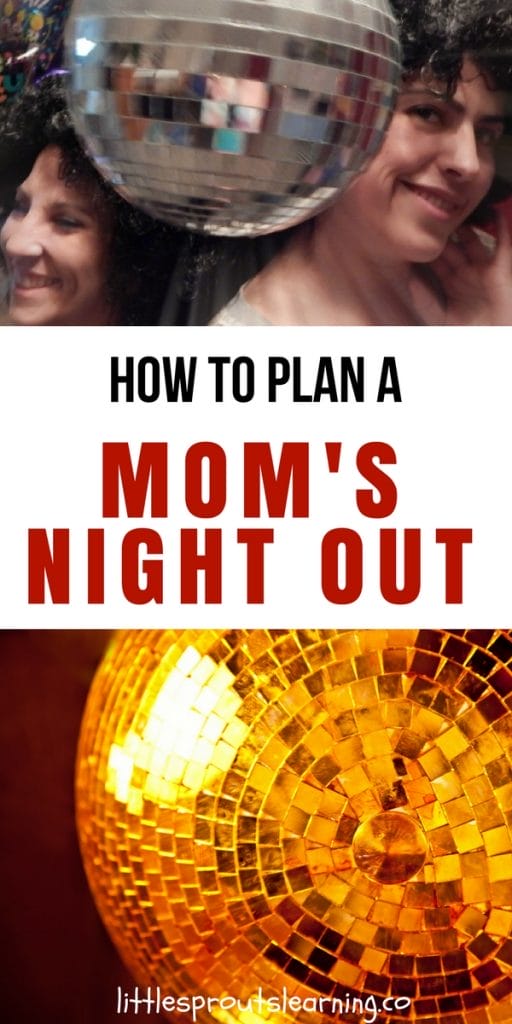 mom's night out disco party. Two moms in party wigs with a disco ball