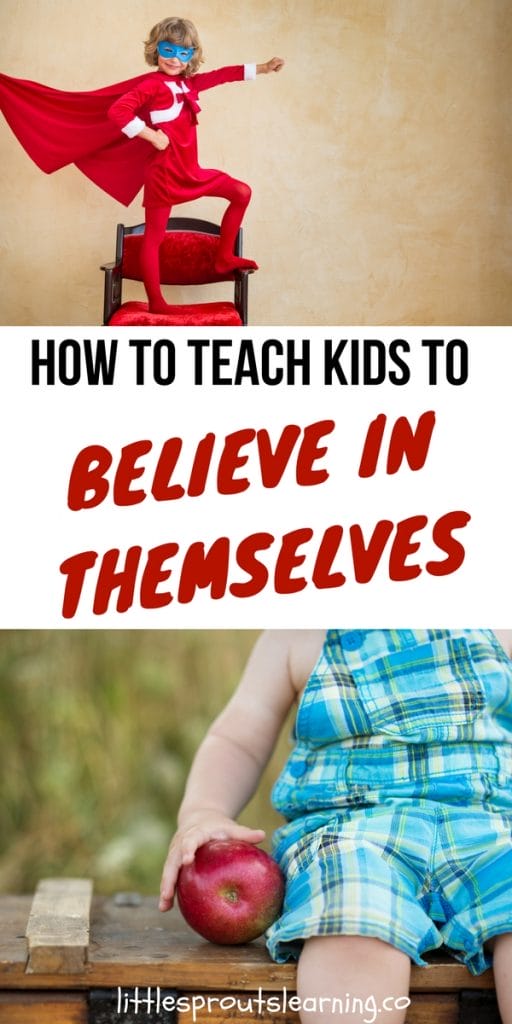 children being confident, a todller picking up an apple and a preschooler being a superhero