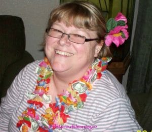 mom with luau flowers on