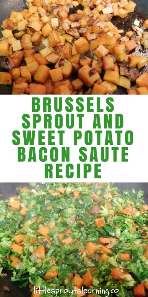 Brussels Sprout and Sweet Potato Bacon Saute cooking in a skillet