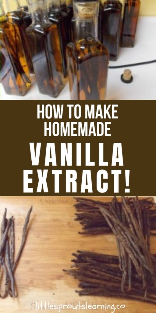 Vanilla beans in piles on a cutting board and jars of homemade vanilla extract