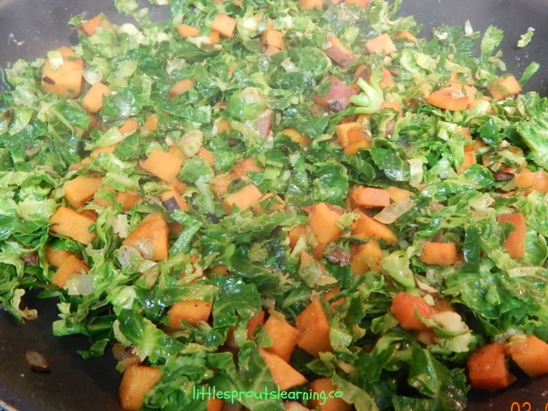 brussel sprouts and sweet potatoes with bacon