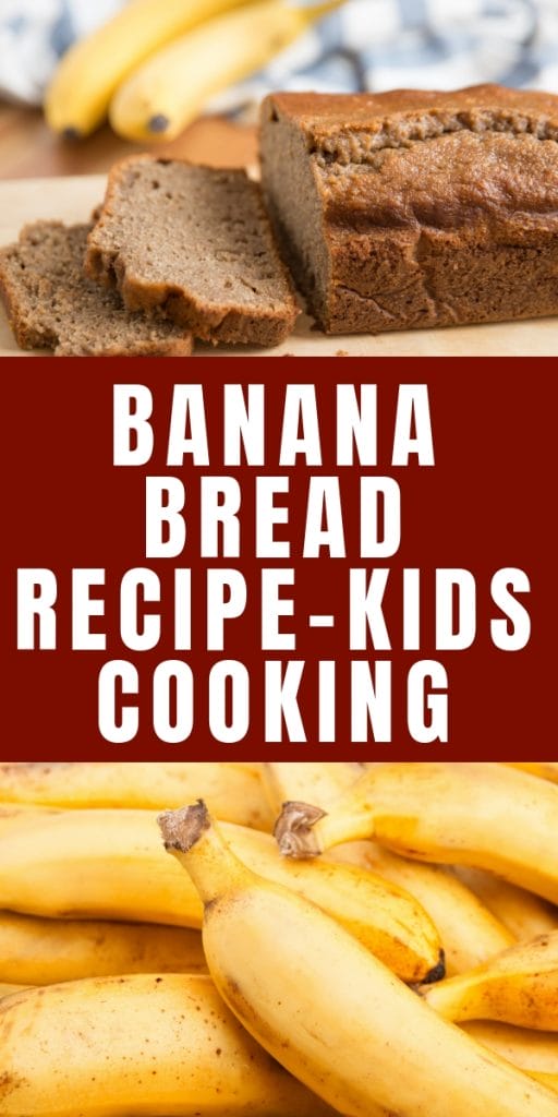 banana bread sliced on a board and a pile of bananas
