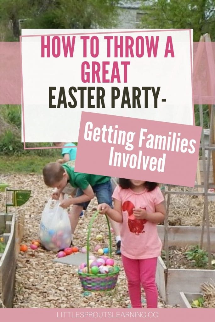 children hunting easter eggs in the garden, child holding basket and smiling