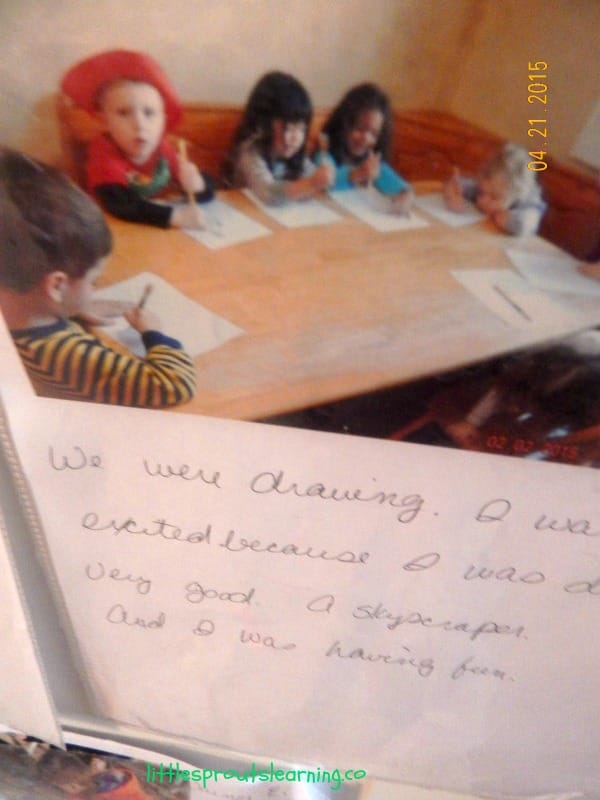 stories kids told and i wrote the words to them on their sheet with the photo the story is about.