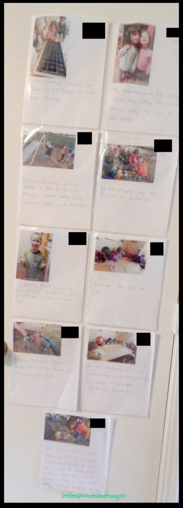 language development for children activity. Door with page protectors, each one contains a story a child told about the picture at the top