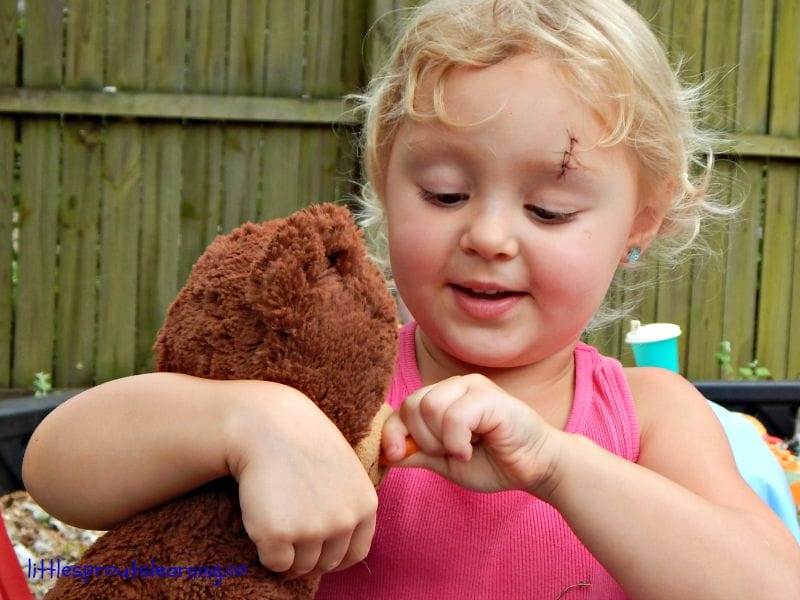 child feeding carrots to teddy bear at teddy bear picnic