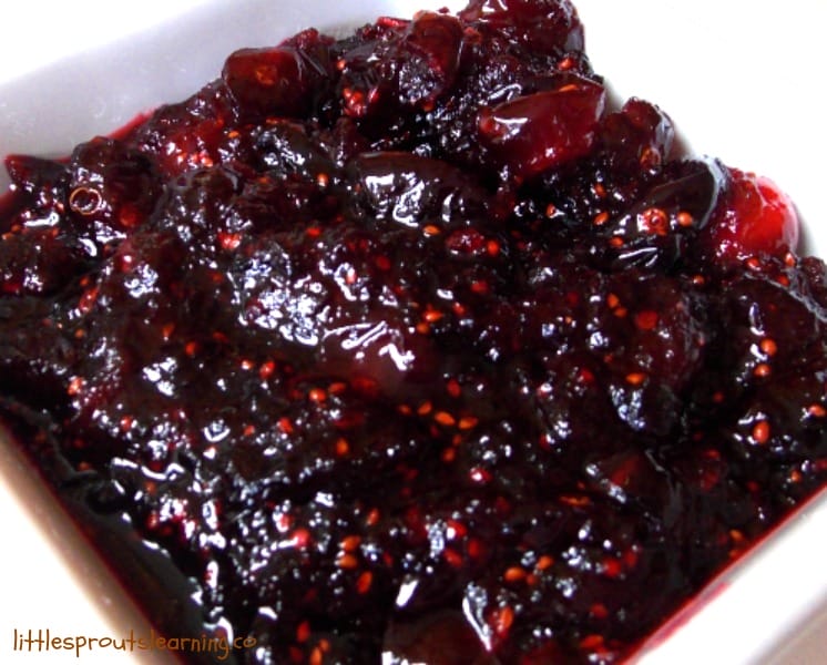fresh homemade cranberry sauce in the serving dish for stress-free thanksgiving dinner