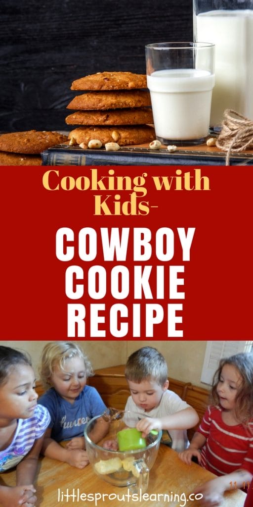 Kids making cookies together at the table and a stack of cookies and glass of milk on a board