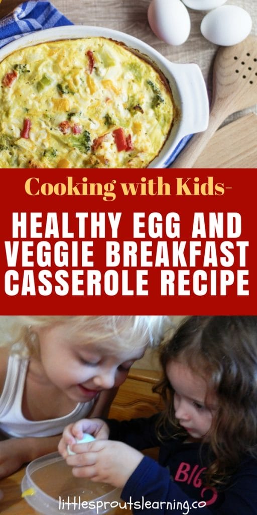 egg casserole and kids cooking at the table