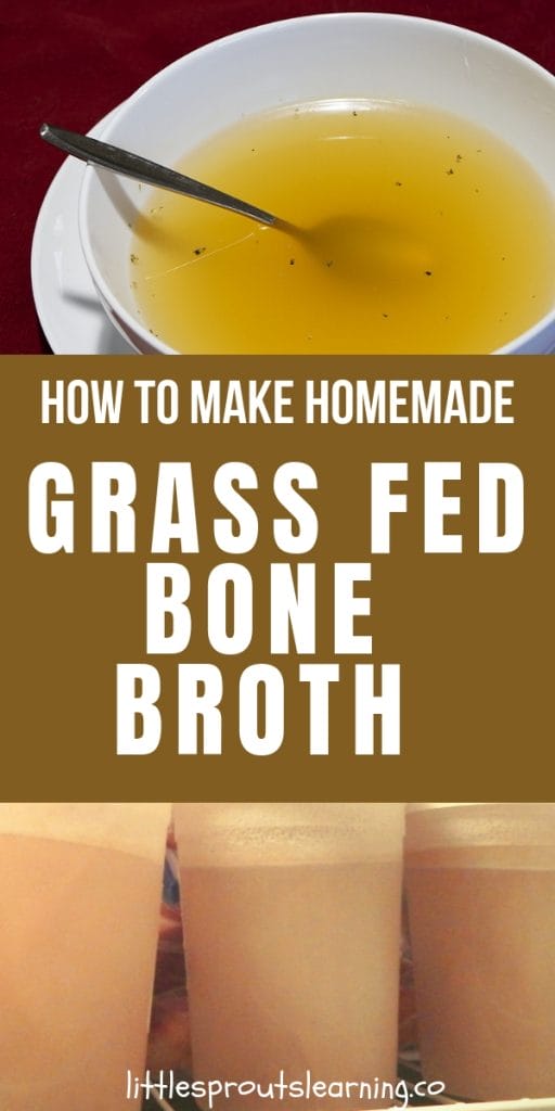 Frozen containers of grass fed bone broth in the freezer and a bowl of broth with a spoon