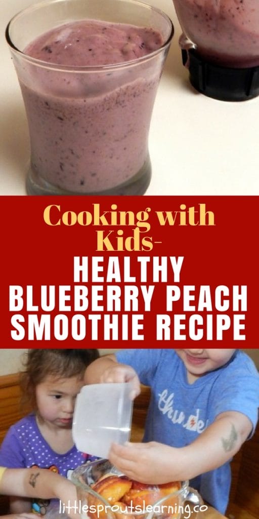 kids pouring smoothie ingredients into a blender and a glass of smoothie