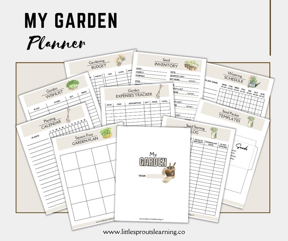 vegetable garden planner mock up of all the pages in the planner
