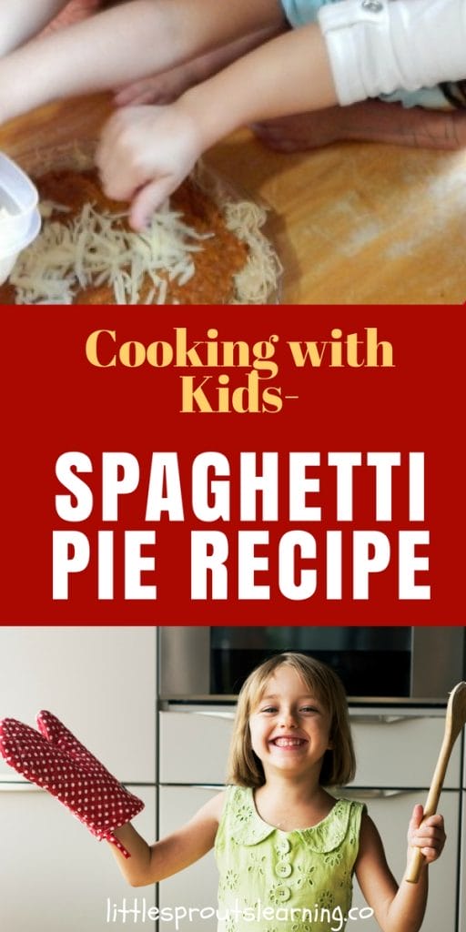 a child with a spoon and oven mitt smiling and children making a baked spaghetti pie