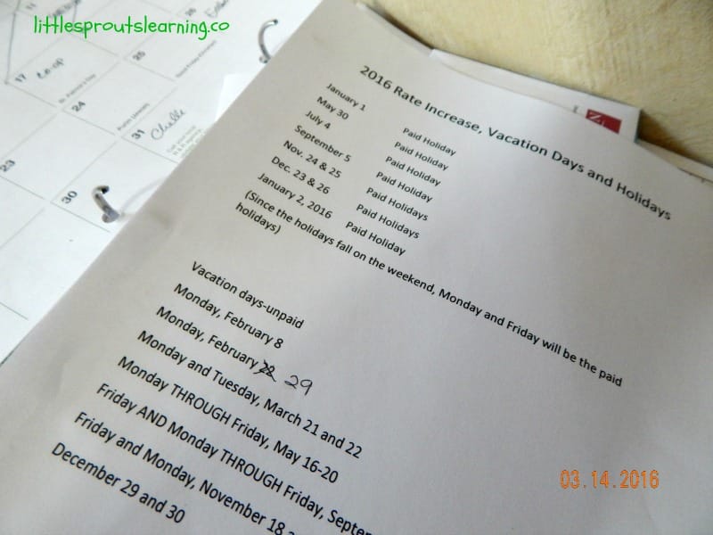 daycare business practices for success, rate increase and vacation days list