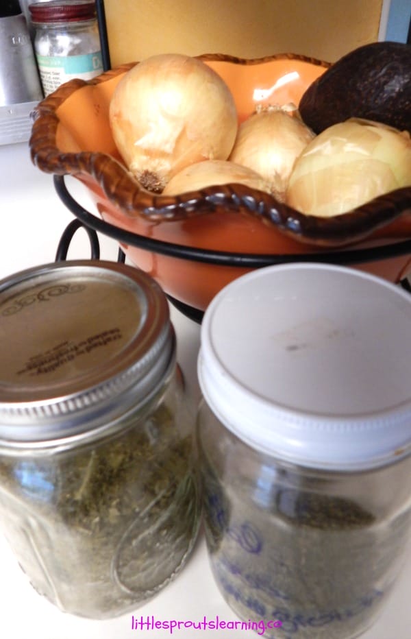 dried herbs and greens, storing onions and avocados at room temp