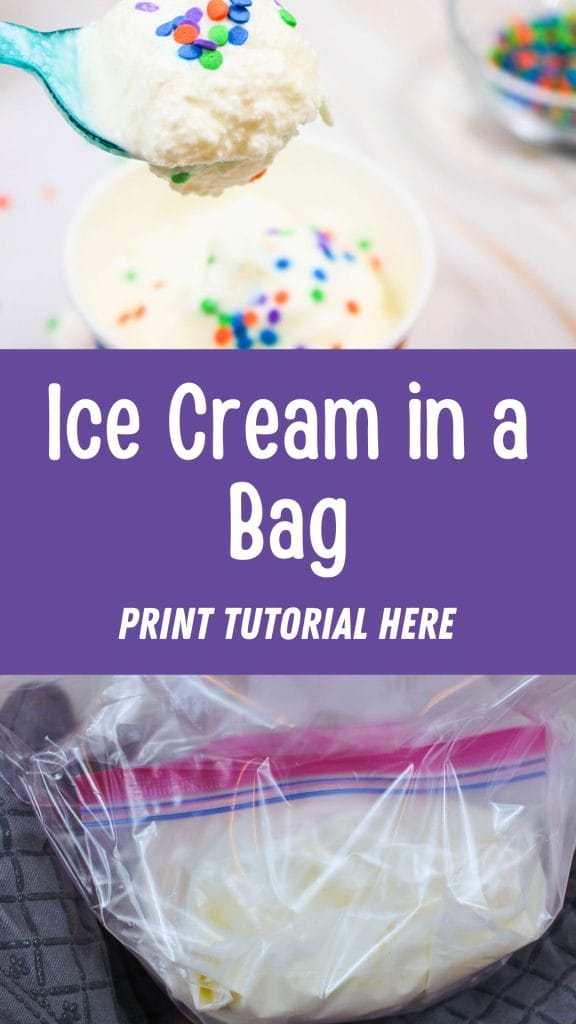 A spoonful of vanilla ice cream with sprinkles, labeled "Ice Cream in a Bag," sits above a plastic bag of creamy mixture—perfect for trying your own ice cream in a bag recipe at home.