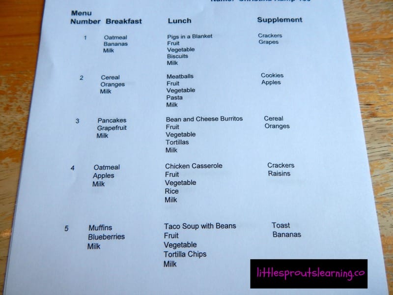 daycare cycle menu with breakfast lunch and snack