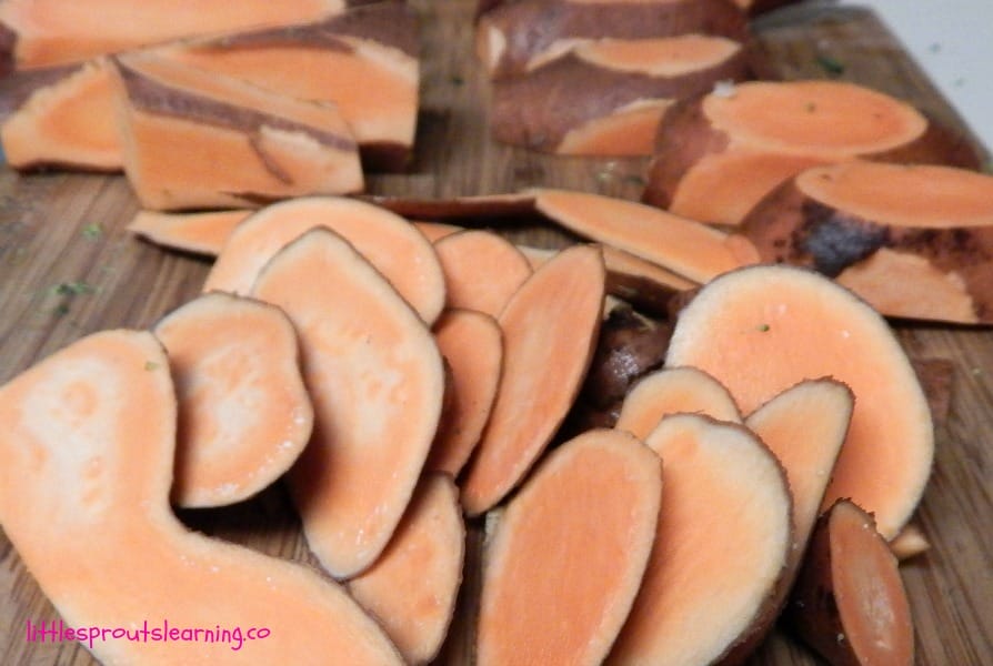 sweet potato peels on a cutting board