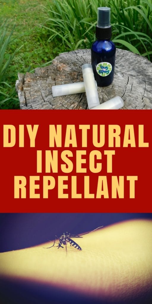 Natural mosquito repellent and homemade bug bite sticks on a stump outside and an arm with a mosquito biting it.