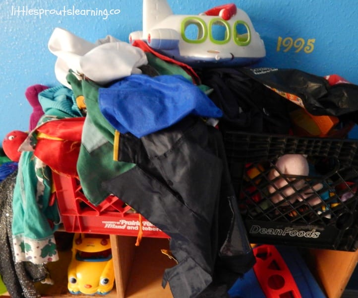 daycare toys cluttered on a shelf