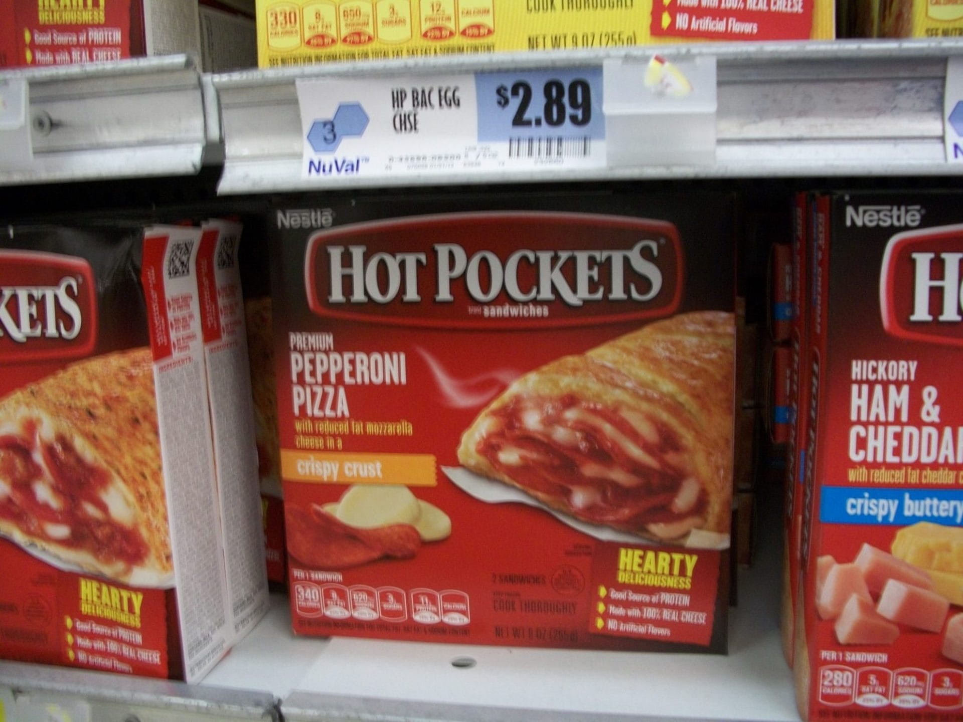 store bought hot pockets full of chemicals on the shelf at the store.