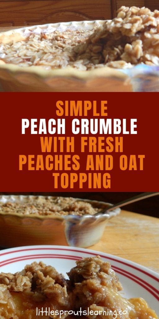simple peach crumble being scooped out of a dish