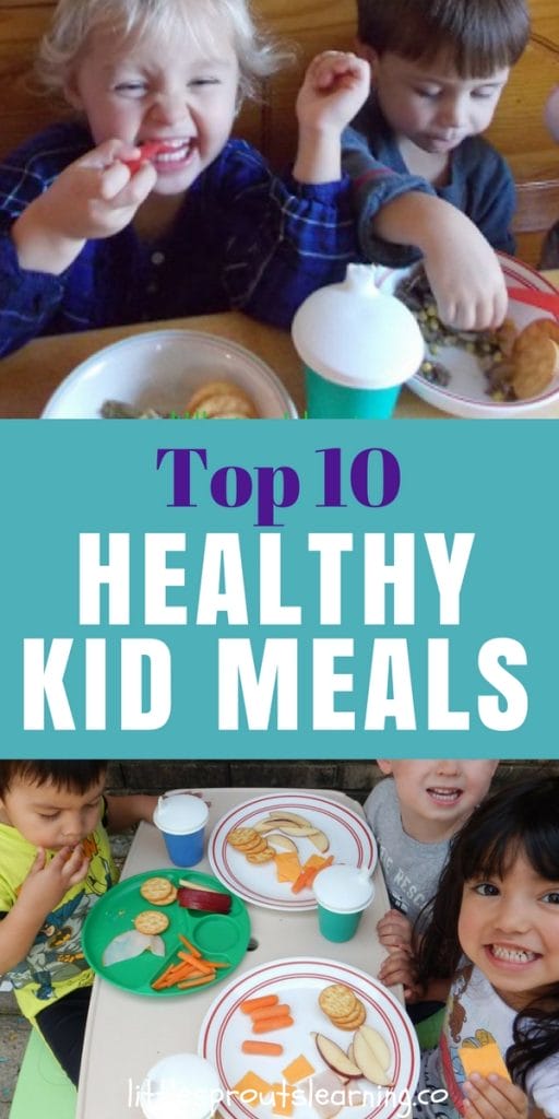 Kids eating healthy meals at the table and kids eating a picnic of healthy food outside with the words top 10 healthy kid meals.