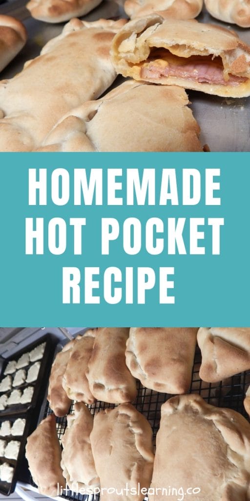 homemade ham and cheese hot pockets on a pan from the oven and on cooling racks