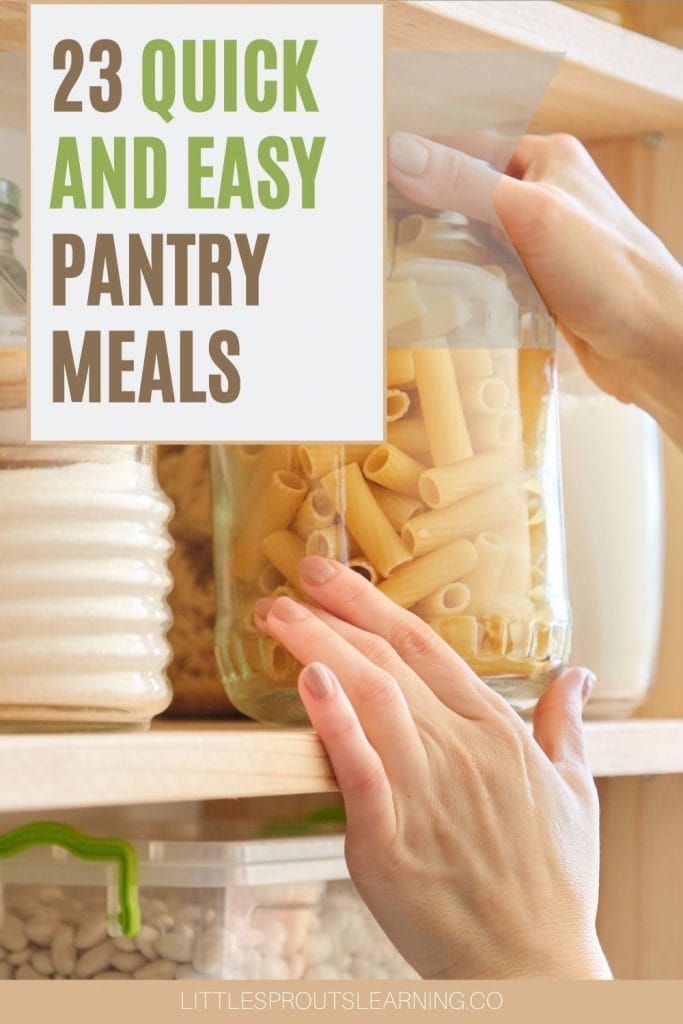 Pantry with jars, someone taking down a jar of pasta