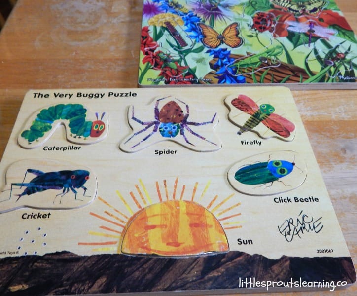 puzzle gifts for daycare kids on the table. Wooden bug puzzles