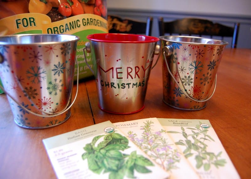 metal pails decorated with christmas decor with organic potting soil and seeds, homemade herb garden gift