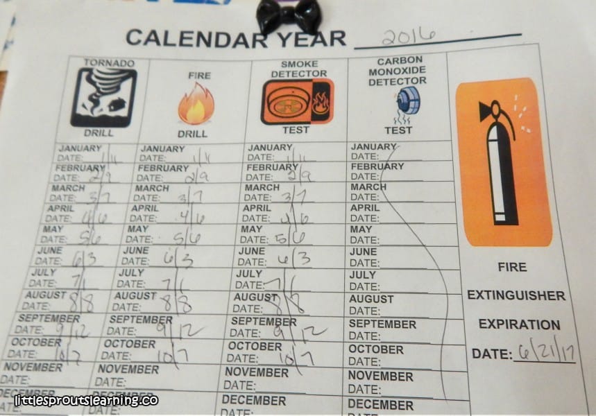 emergency drill sheet for daycare with tornado, fire, smoke detector, carbon monoxide detector and fire extinguisher 
