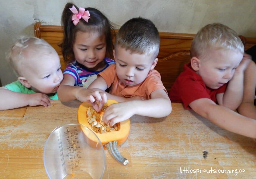 kids removing seeds and goop from a pumpkin cut in half on the table