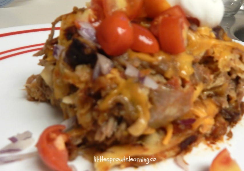 Leftover pork roast enchilada casserole on a plate